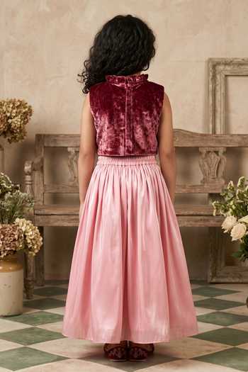 Shop_Byb Premium_Pink Silk, Chiffon Sequins, Embroidery Floral Top And Skirt Set _at_Aza_Fashions