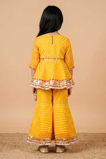Shop_Byb Premium_Yellow Kota Doria Patti, Pom-poms Leheriya Print Top And Sharara Set _at_Aza_Fashions