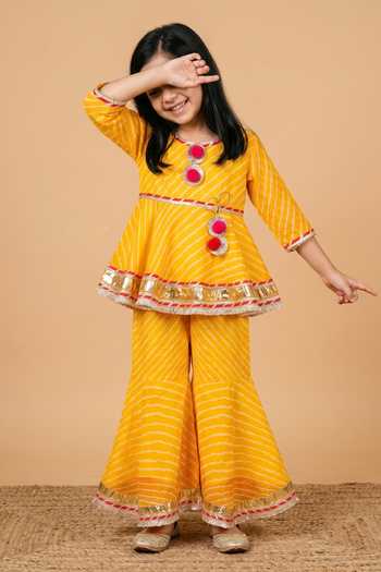 Byb Premium_Yellow Kota Doria Patti, Pom-poms Leheriya Print Top And Sharara Set _Online_at_Aza_Fashions