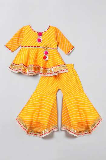 Buy_Byb Premium_Yellow Kota Doria Patti, Pom-poms Leheriya Print Top And Sharara Set _Online_at_Aza_Fashions