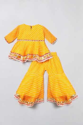 Shop_Byb Premium_Yellow Kota Doria Patti, Pom-poms Leheriya Print Top And Sharara Set _Online_at_Aza_Fashions