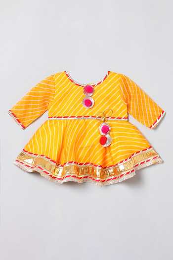 Byb Premium_Yellow Kota Doria Patti, Pom-poms Leheriya Print Top And Sharara Set _at_Aza_Fashions