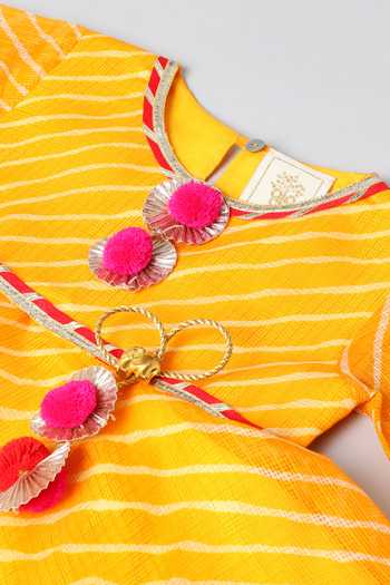 Shop_Byb Premium_Yellow Kota Doria Patti, Pom-poms Leheriya Print Top And Sharara Set 