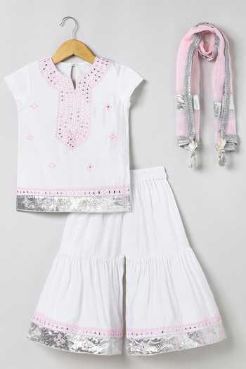 Byb Premium_White Chanderi Embroidery, Zari Top And Sharara Set _at_Aza_Fashions