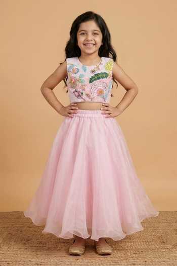 Buy_Byb Premium_Pink Silk, Organza Floral Bloom Embroidered Top With Lehenga _at_Aza_Fashions