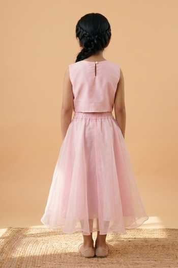 Shop_Byb Premium_Pink Silk, Organza Floral Bloom Embroidered Top With Lehenga _at_Aza_Fashions