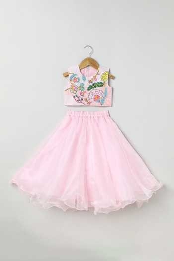 Buy_Byb Premium_Pink Silk, Organza Floral Bloom Embroidered Top With Lehenga _Online_at_Aza_Fashions