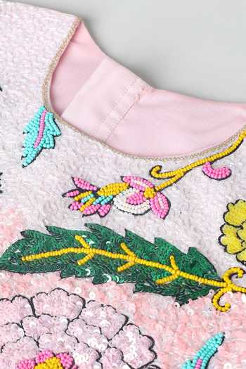 Shop_Byb Premium_Pink Silk, Organza Floral Bloom Embroidered Top With Lehenga _Online