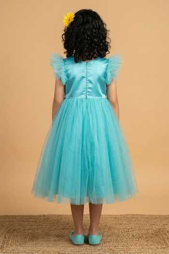 Shop_Byb Premium_Turquoise Cotton, Tulle Hand Embroidered Dress _at_Aza_Fashions