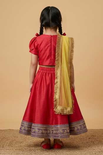 Shop_Byb Premium_Red Silk Beads Bird Hand Embroidered Lehenga Set _at_Aza_Fashions