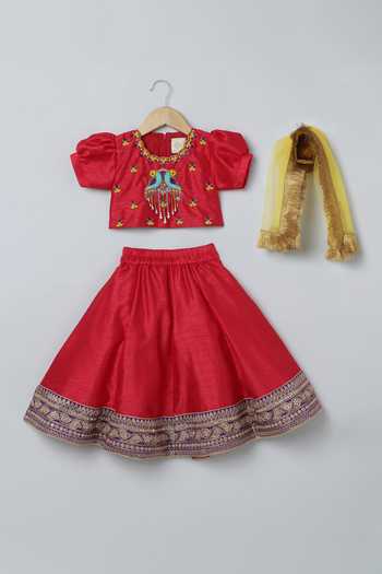 Byb Premium_Red Silk Beads Bird Hand Embroidered Lehenga Set _Online_at_Aza_Fashions
