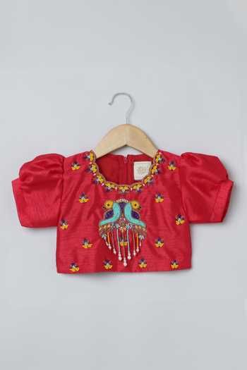 Shop_Byb Premium_Red Silk Beads Bird Hand Embroidered Lehenga Set _Online_at_Aza_Fashions