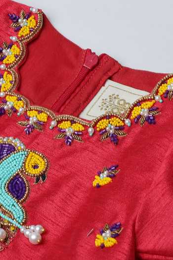 Shop_Byb Premium_Red Silk Beads Bird Hand Embroidered Lehenga Set 