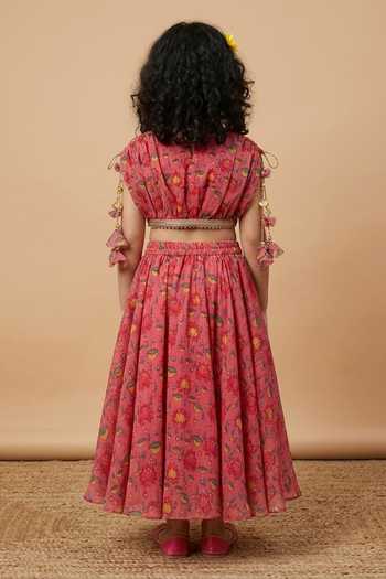 Shop_Byb Premium_Pink Georgette Tassels Lotus Print Pleated Top And Skirt Set _at_Aza_Fashions
