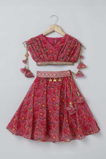 Byb Premium_Pink Georgette Tassels Lotus Print Pleated Top And Skirt Set _Online_at_Aza_Fashions