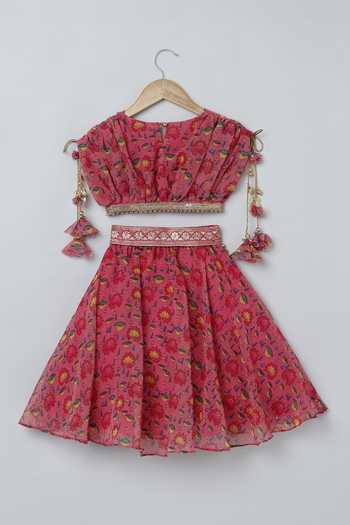 Buy_Byb Premium_Pink Georgette Tassels Lotus Print Pleated Top And Skirt Set _Online_at_Aza_Fashions