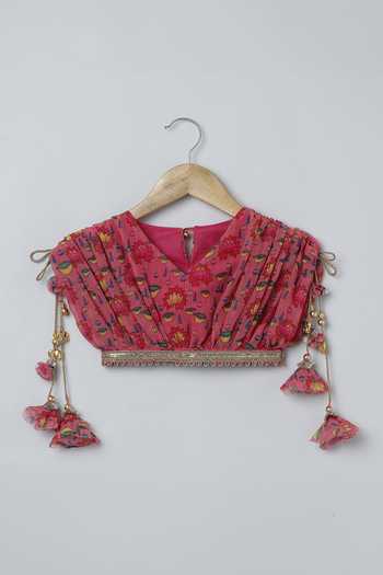 Shop_Byb Premium_Pink Georgette Tassels Lotus Print Pleated Top And Skirt Set _Online_at_Aza_Fashions