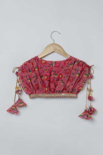 Byb Premium_Pink Georgette Tassels Lotus Print Pleated Top And Skirt Set _at_Aza_Fashions