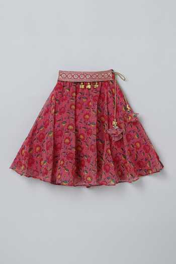 Buy_Byb Premium_Pink Georgette Tassels Lotus Print Pleated Top And Skirt Set 