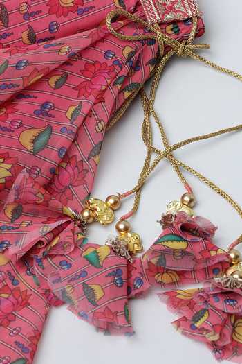 Byb Premium_Pink Georgette Tassels Lotus Print Pleated Top And Skirt Set _Online