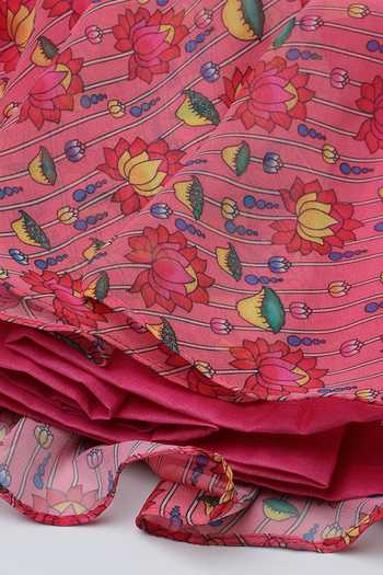 Shop_Byb Premium_Pink Georgette Tassels Lotus Print Pleated Top And Skirt Set _Online