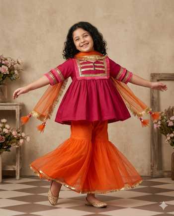 Shop_Byb Premium_Magenta Chanderi, Tulle Sequins Fringed Bodice Top Sharara Set _at_Aza_Fashions