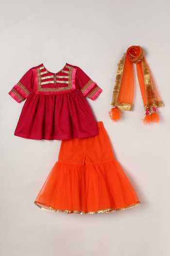 Byb Premium_Magenta Chanderi, Tulle Sequins Fringed Bodice Top Sharara Set _Online_at_Aza_Fashions