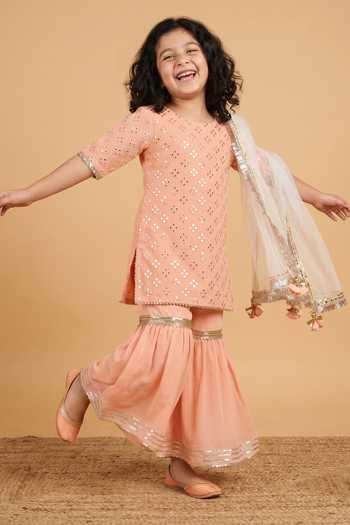 Buy_Byb Premium_Peach Georgette, Cotton Embroidery, Mirrors Kurta Sharara Set _at_Aza_Fashions