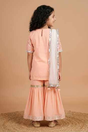 Shop_Byb Premium_Peach Georgette, Cotton Embroidery, Mirrors Kurta Sharara Set _at_Aza_Fashions