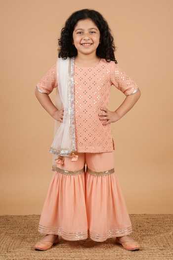 Byb Premium_Peach Georgette, Cotton Embroidery, Mirrors Kurta Sharara Set _Online_at_Aza_Fashions