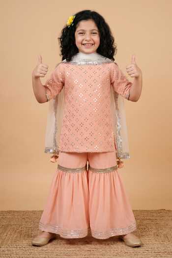 Buy_Byb Premium_Peach Georgette, Cotton Embroidery, Mirrors Kurta Sharara Set _Online_at_Aza_Fashions