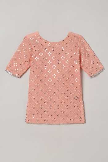 Buy_Byb Premium_Peach Georgette, Cotton Embroidery, Mirrors Kurta Sharara Set 