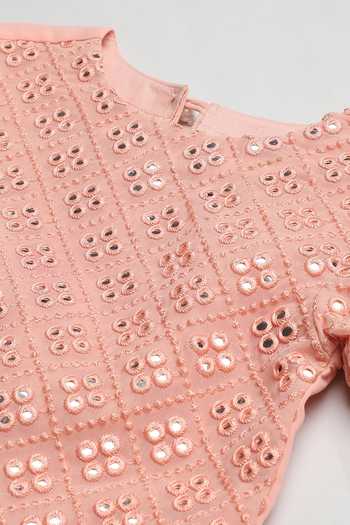 Byb Premium_Peach Georgette, Cotton Embroidery, Mirrors Kurta Sharara Set _Online