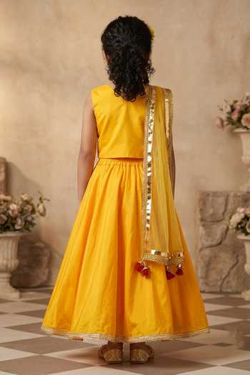 Shop_Byb Premium_Yellow Cotton, Silk, Acrylic Mirrors, Embroidery Blouse Skirt Set _at_Aza_Fashions