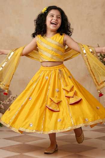Byb Premium_Yellow Cotton, Silk, Acrylic Mirrors, Embroidery Blouse Skirt Set _Online_at_Aza_Fashions