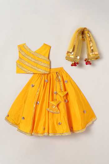 Buy_Byb Premium_Yellow Cotton, Silk, Acrylic Mirrors, Embroidery Blouse Skirt Set _Online_at_Aza_Fashions