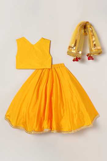 Shop_Byb Premium_Yellow Cotton, Silk, Acrylic Mirrors, Embroidery Blouse Skirt Set _Online_at_Aza_Fashions