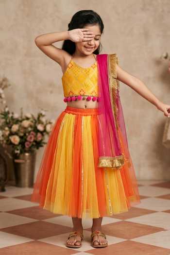 Byb Premium_Yellow Chanderi, Tulle Tassels, Embroidered Halter Neck Choli And Lehenga Set _Online_at_Aza_Fashions