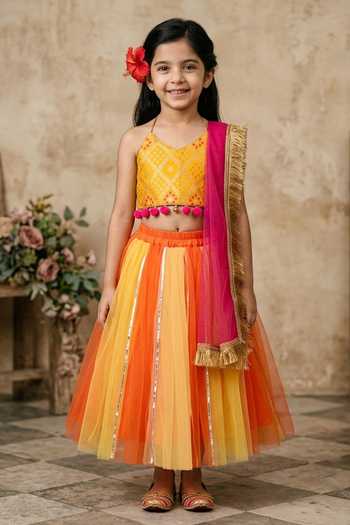 Buy_Byb Premium_Yellow Chanderi, Tulle Tassels, Embroidered Halter Neck Choli And Lehenga Set _Online_at_Aza_Fashions