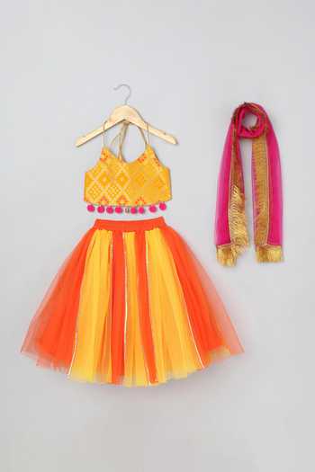 Shop_Byb Premium_Yellow Chanderi, Tulle Tassels, Embroidered Halter Neck Choli And Lehenga Set _Online_at_Aza_Fashions