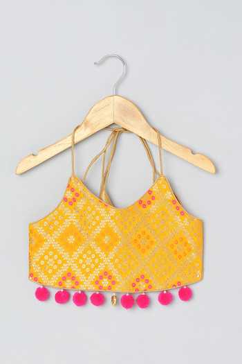 Buy_Byb Premium_Yellow Chanderi, Tulle Tassels, Embroidered Halter Neck Choli And Lehenga Set 