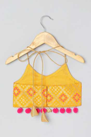 Shop_Byb Premium_Yellow Chanderi, Tulle Tassels, Embroidered Halter Neck Choli And Lehenga Set 