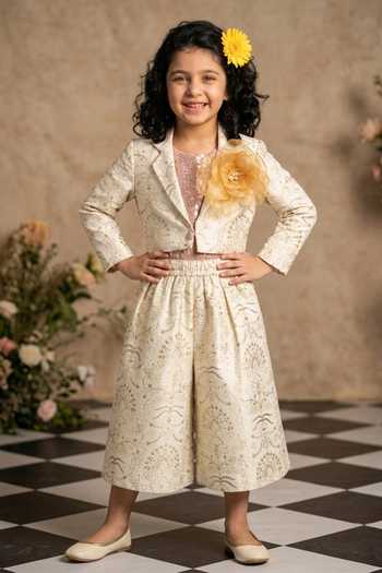 Buy_Byb Premium_Ivory Silk, Cotton Sequins, Embroidery Floral Crop Jacket And Culottes Set _at_Aza_Fashions