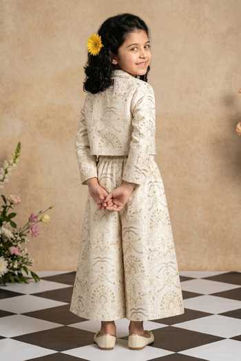 Shop_Byb Premium_Ivory Silk, Cotton Sequins, Embroidery Floral Crop Jacket And Culottes Set _at_Aza_Fashions