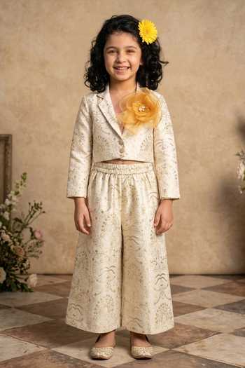 Byb Premium_Ivory Silk, Cotton Sequins, Embroidery Floral Crop Jacket And Culottes Set _Online_at_Aza_Fashions