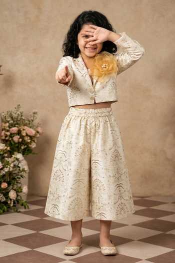 Buy_Byb Premium_Ivory Silk, Cotton Sequins, Embroidery Floral Crop Jacket And Culottes Set _Online_at_Aza_Fashions