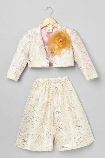 Shop_Byb Premium_Ivory Silk, Cotton Sequins, Embroidery Floral Crop Jacket And Culottes Set _Online_at_Aza_Fashions