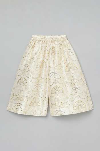 Byb Premium_Ivory Silk, Cotton Sequins, Embroidery Floral Crop Jacket And Culottes Set 