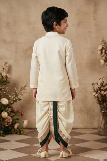 Shop_Byb Premium_Off White Cotton Embroidery Embellished Kurta Dhoti Set _at_Aza_Fashions