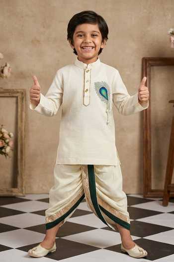 Byb Premium_Off White Cotton Embroidery Embellished Kurta Dhoti Set _Online_at_Aza_Fashions